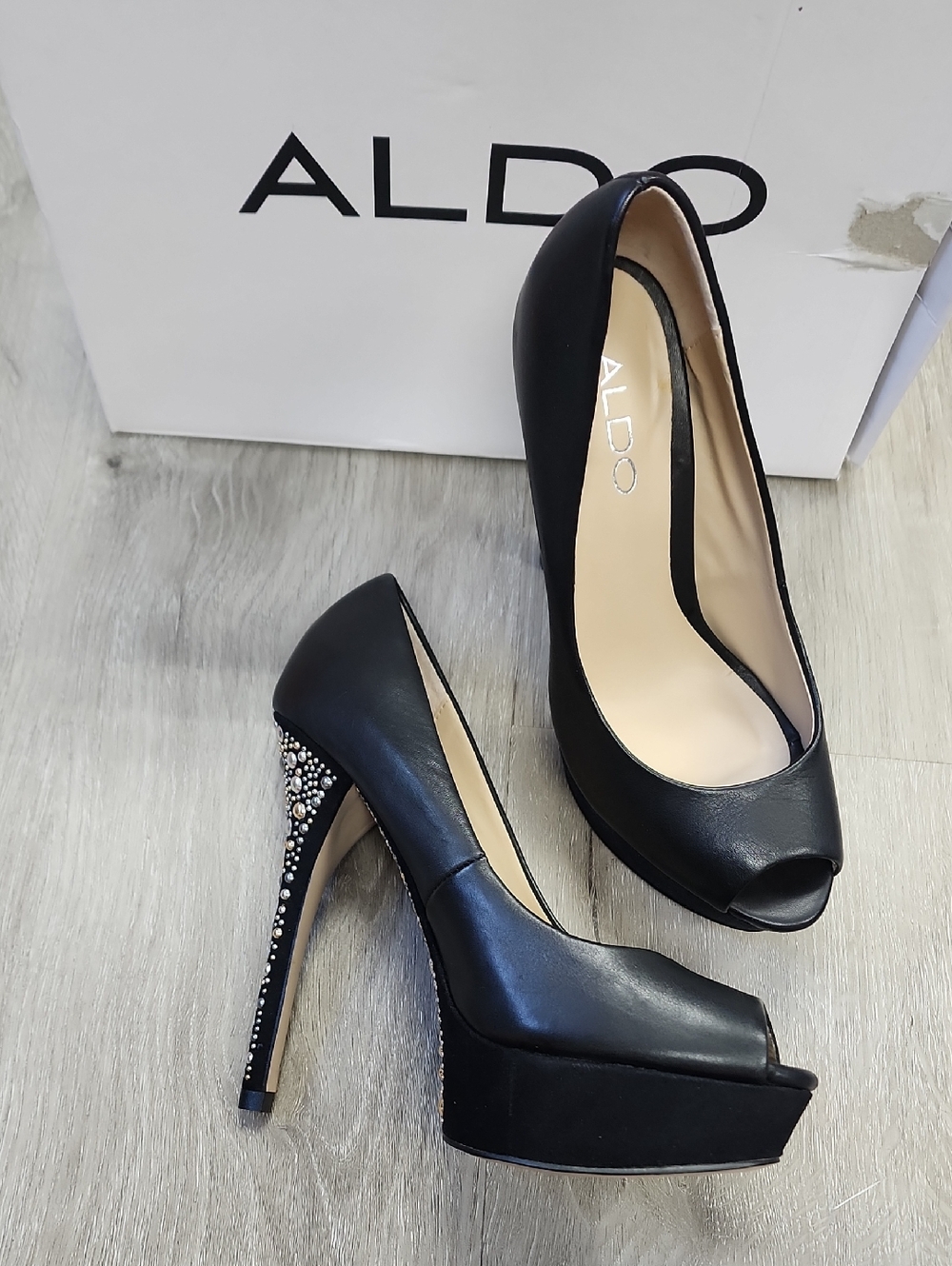ALDO Black Peep-Toe Platform Heels with Crystal-Studded Stiletto